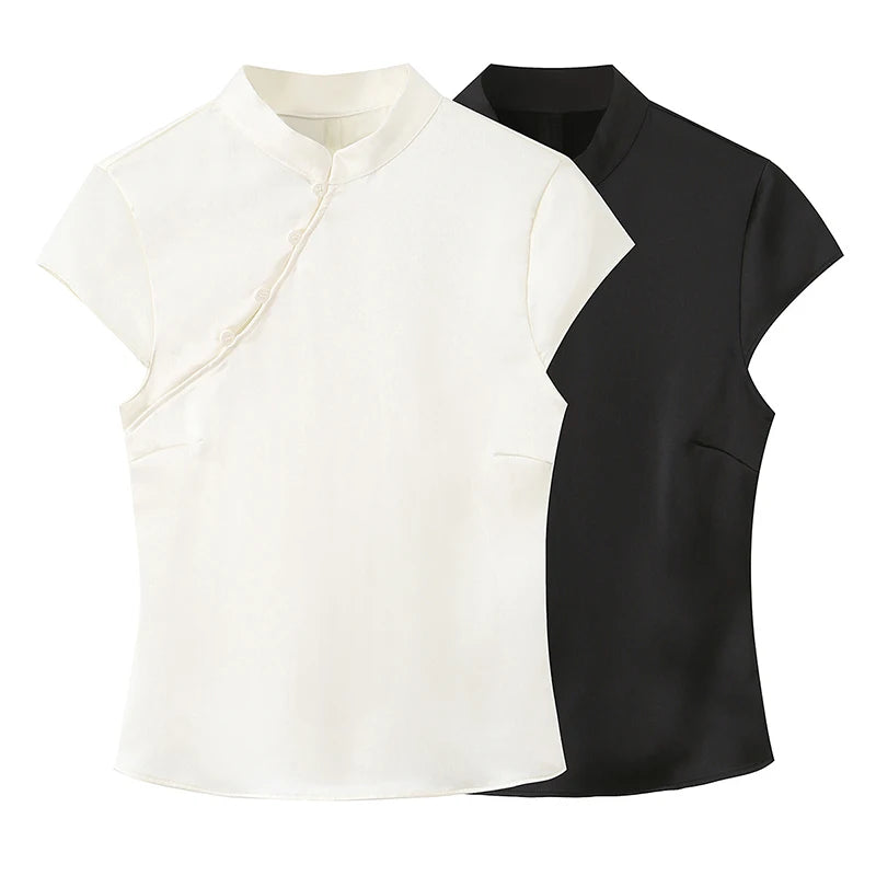 Black Mandarin Collar Side Button Satin Blouse