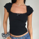 Casual Lace Trim Knitted Square T-Shirt