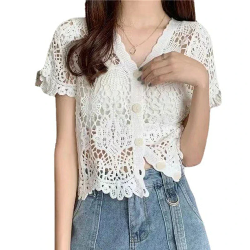Y2K Handmade Crochet Knitted V-Neck Cardigan
