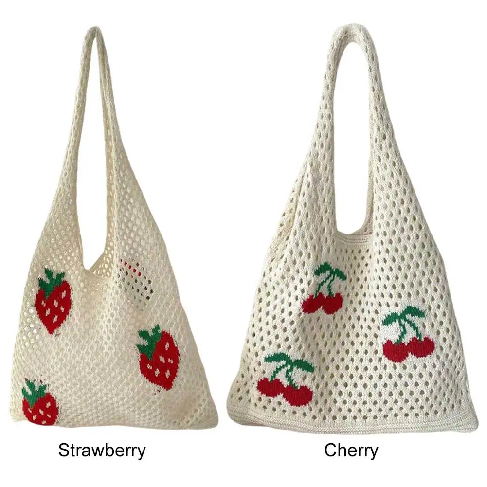 Vintage Strawberry Cherry Pattern Crochet Tote Bag