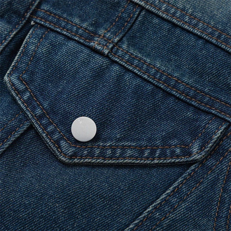 V-neck Washed Dark Blue Denim Jacket