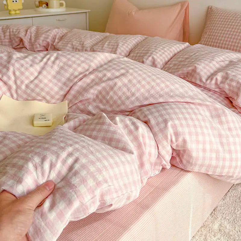Vintage Cozy Pink Plaid Bedding Set