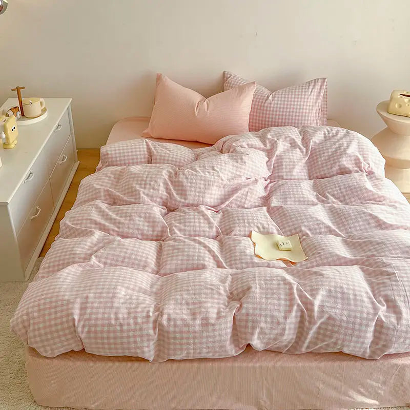 Vintage Cozy Pink Plaid Bedding Set