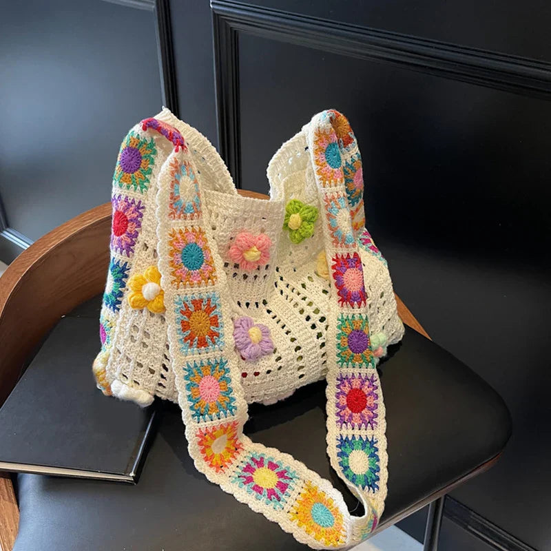 Vintage Boho Tote Bag Floral Crochet Handbag