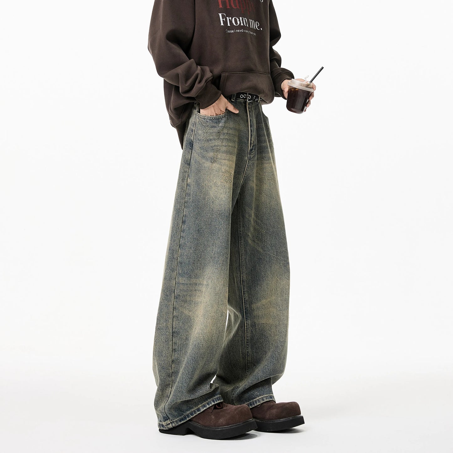 Vintage Distressed Washed Wide Leg Jeans