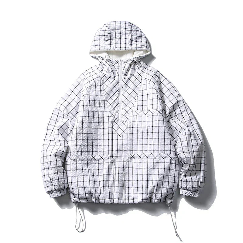 Karierte, dick gefütterte Kapuzen-Windbreaker-Jacke