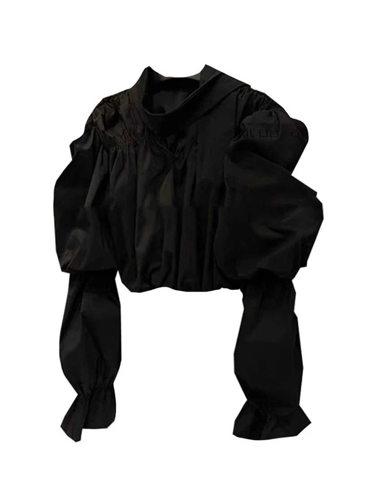 French Vintage Long Sleeve Black Cropped Shirt