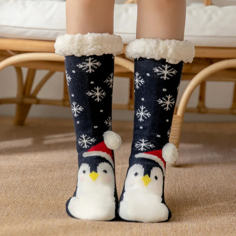 Calcetines cálidos de invierno para mujer, de felpa de pingüino, suaves, antideslizantes, para el suelo, zapatillas, calcetín corto, esponjoso, de ciervo, alce, oso, regalo de Navidad