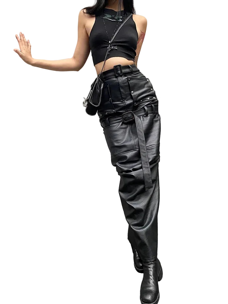 Cool Black Leather High Waist Maxi Skirt Slit Belt