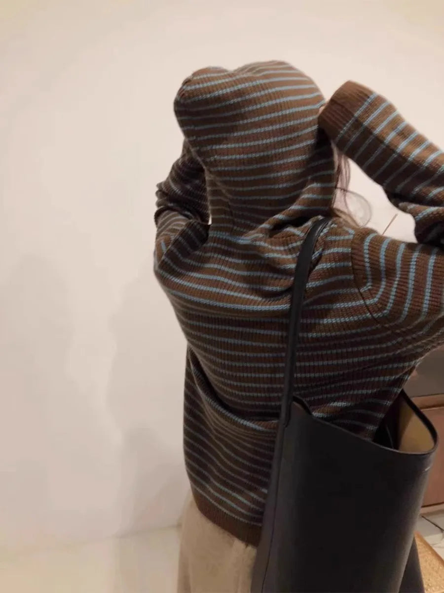 Brown Knitted Striped Hoodie