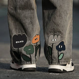 Straight Leg Flower Embroidery Jeans