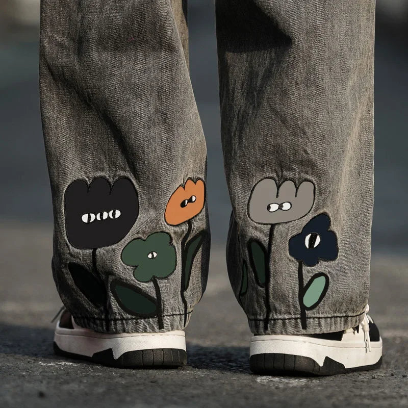 Straight Leg Flower Embroidery Jeans