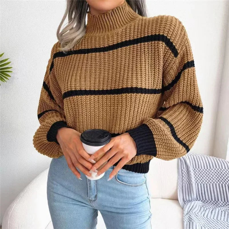 High Collar Pullover Knitted Striped Sweater