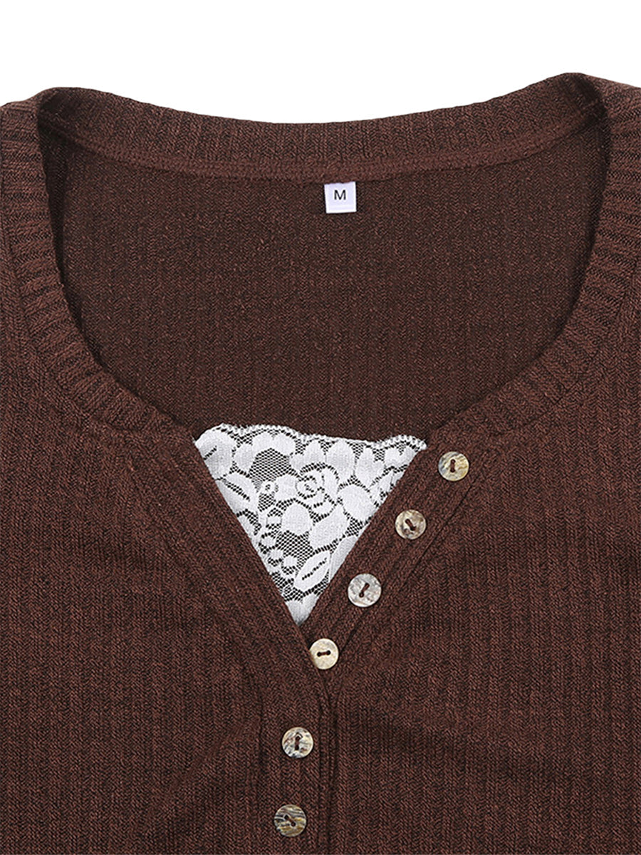 Grunge V-neck Button Long Sleeve Top