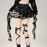 Plaid Lace Patch Gothic Irregular Skirt