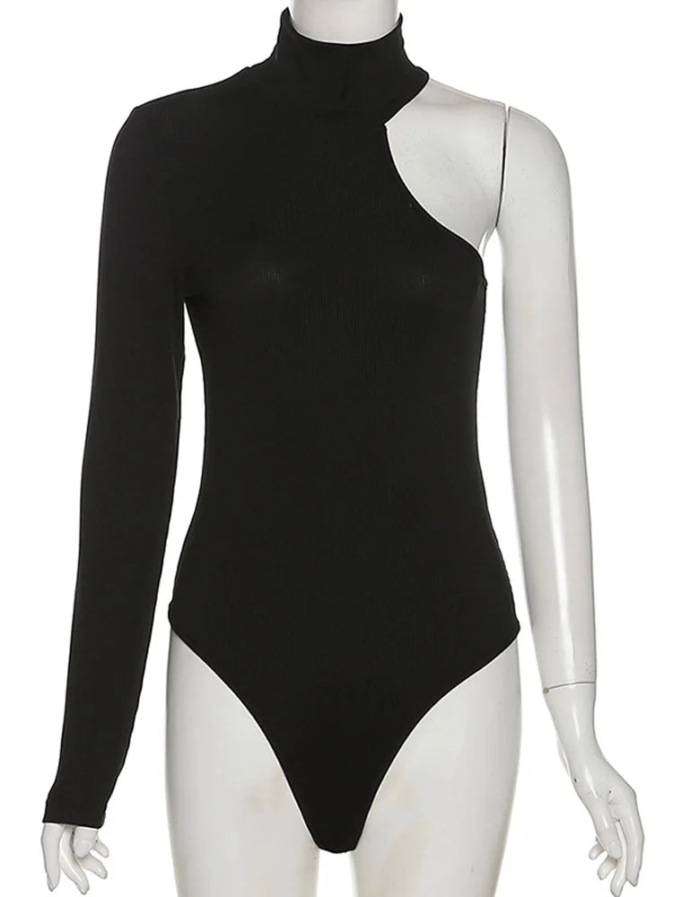 Single Sleeve Off Shoulder Turtleneck Ribbed Bodysuit