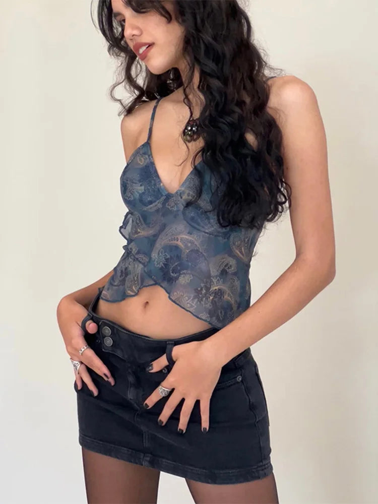 Mesh See Through Printed Tank Top