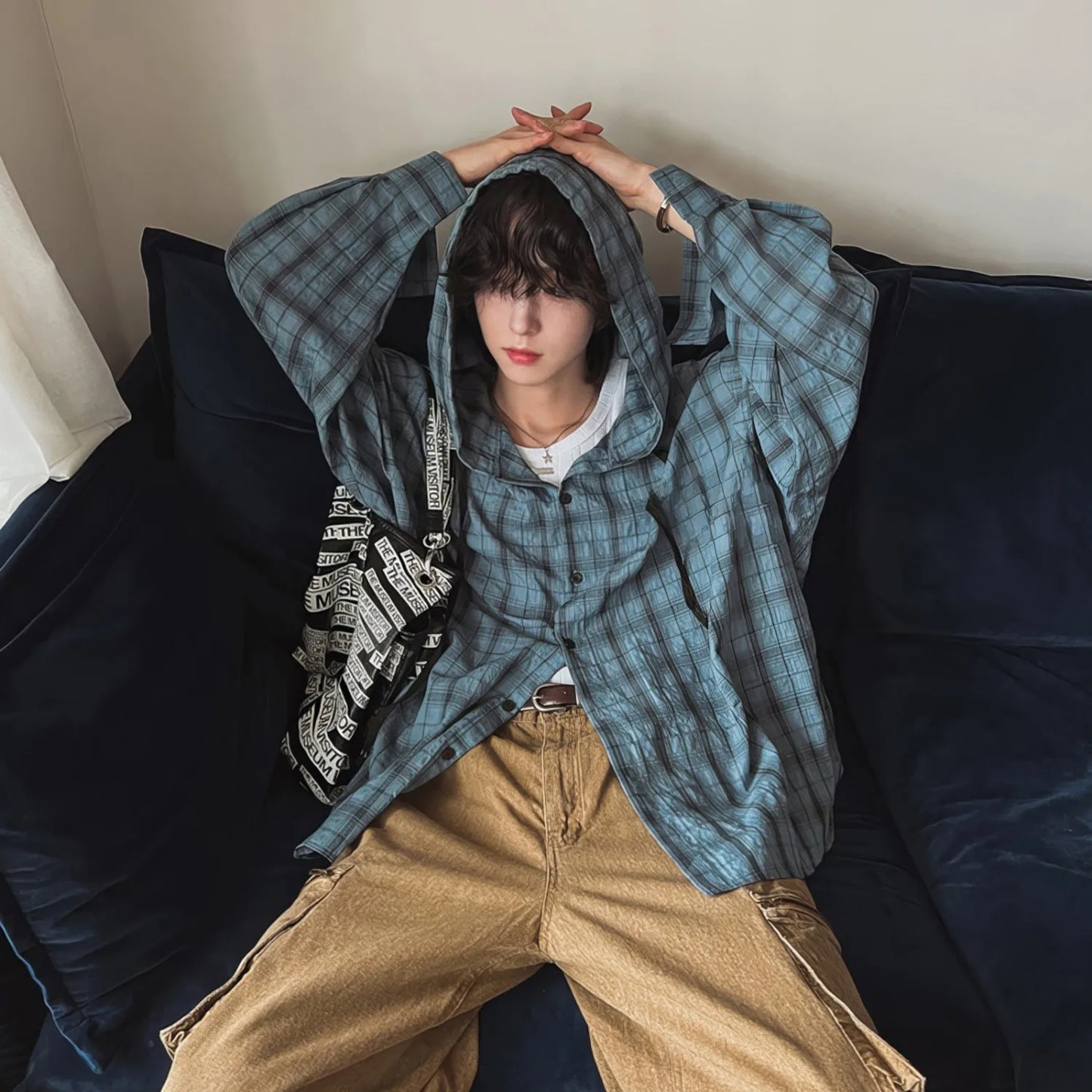 Checkered Texture Plaid Hooded Shirt