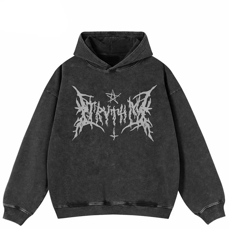 Y2K Retro Tribial Black Washed Hoodie