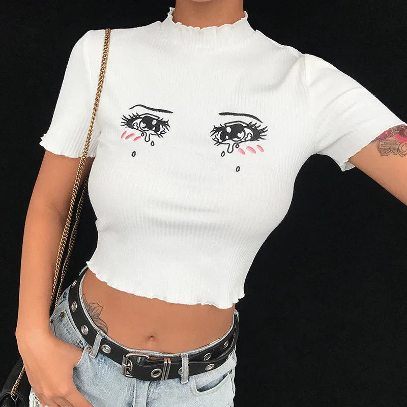 Embroidery Anime Tearful Eyes Crop Top