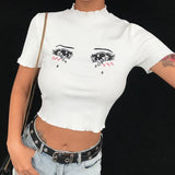 Embroidery Anime Tearful Eyes Crop Top
