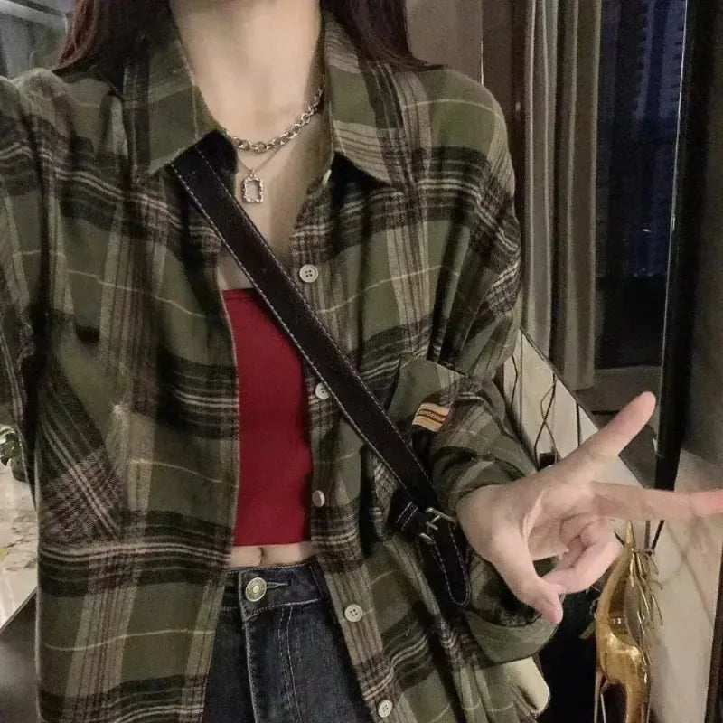 Women Retro Turn-down Collar Plaid Shirt