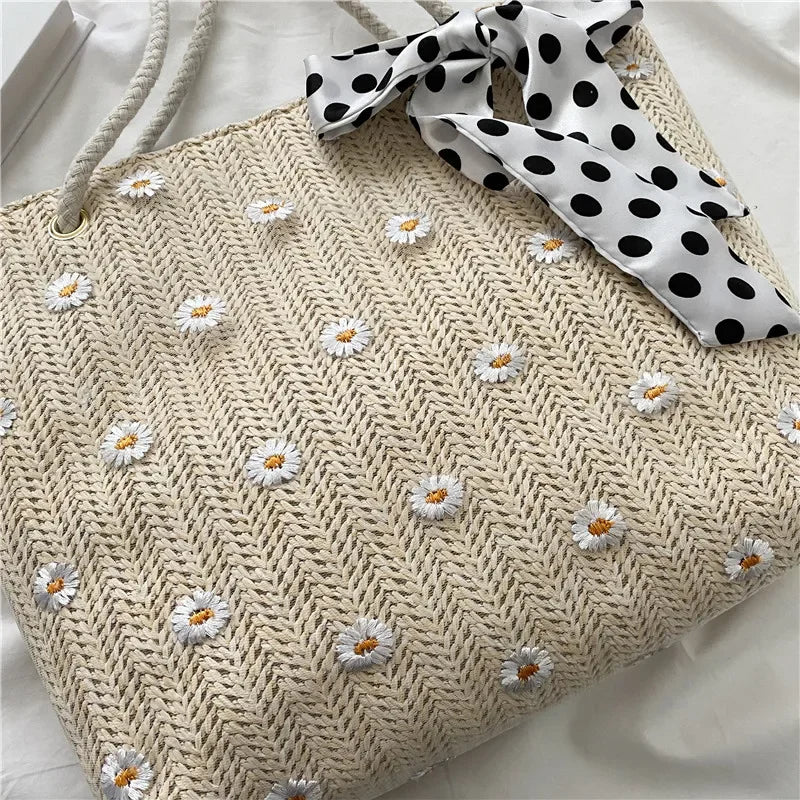 Bow-Tie Embroidery Daisy Shoulder Bag