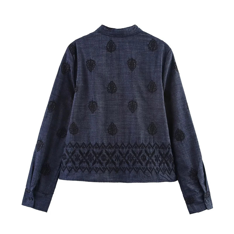 Vintage Women Embroidered Dark Blue Blouse