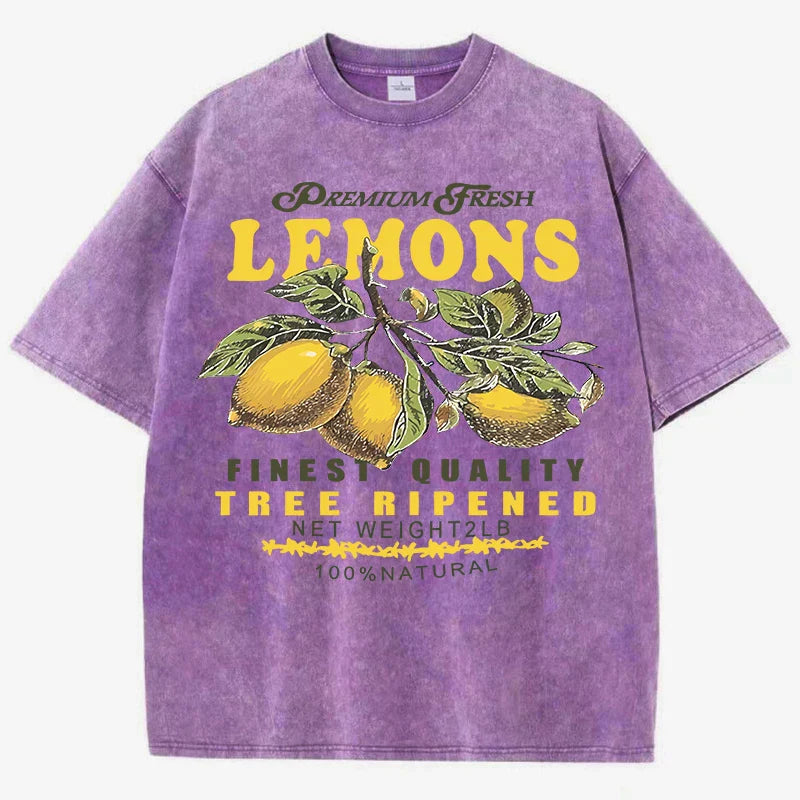 Fresh Lemon Fruit Print Washed T-Shirt