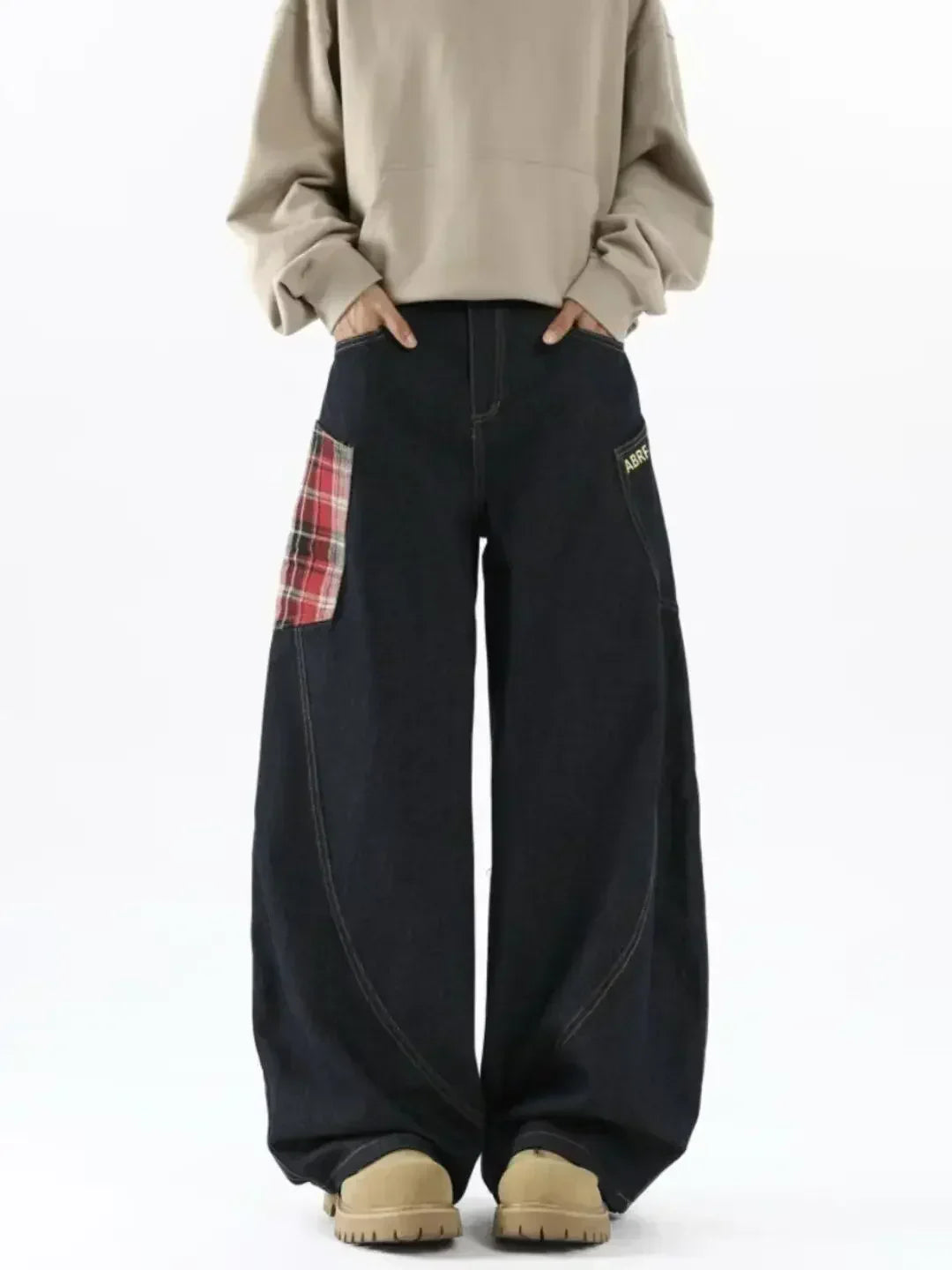 Bandana-Patchwork-Plaid-Jeans mit weitem Bein