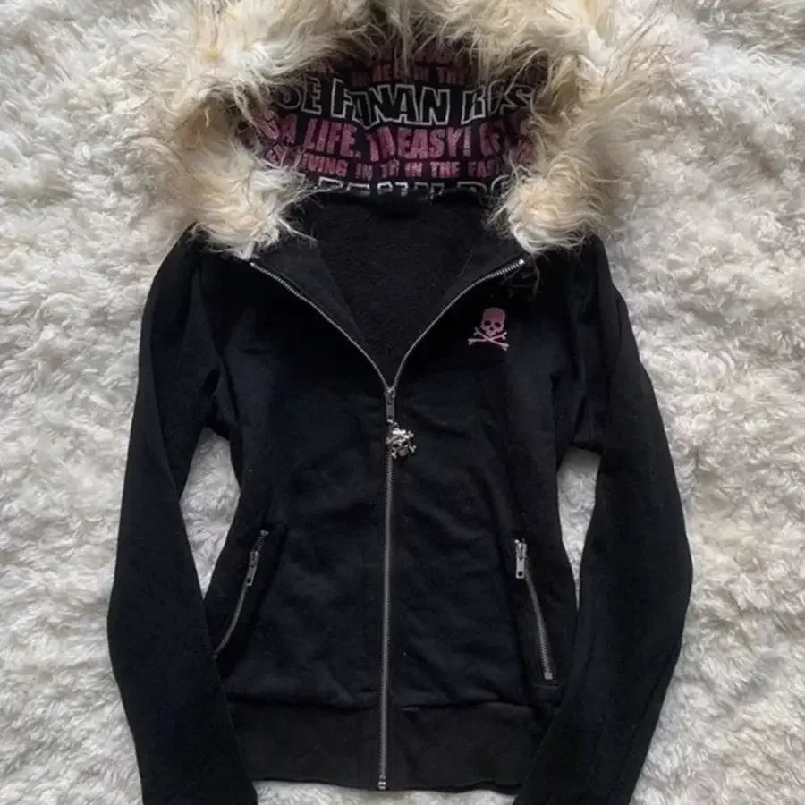 Gothic Punk Skull Fur Hoodie