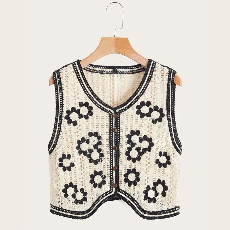 Sheer Floral Crochet Sleeveless Waistcoat T-Shirt