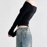 Elegantes koreanisches schwarzes Langarm-T-Shirt