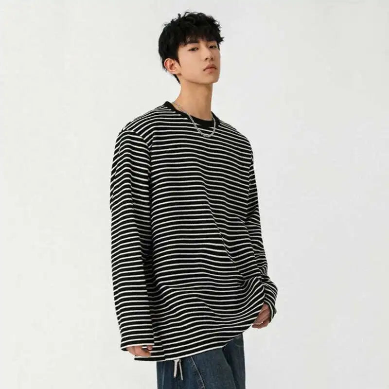 Korean Spring Striped Round Collar Casual T-Shirt