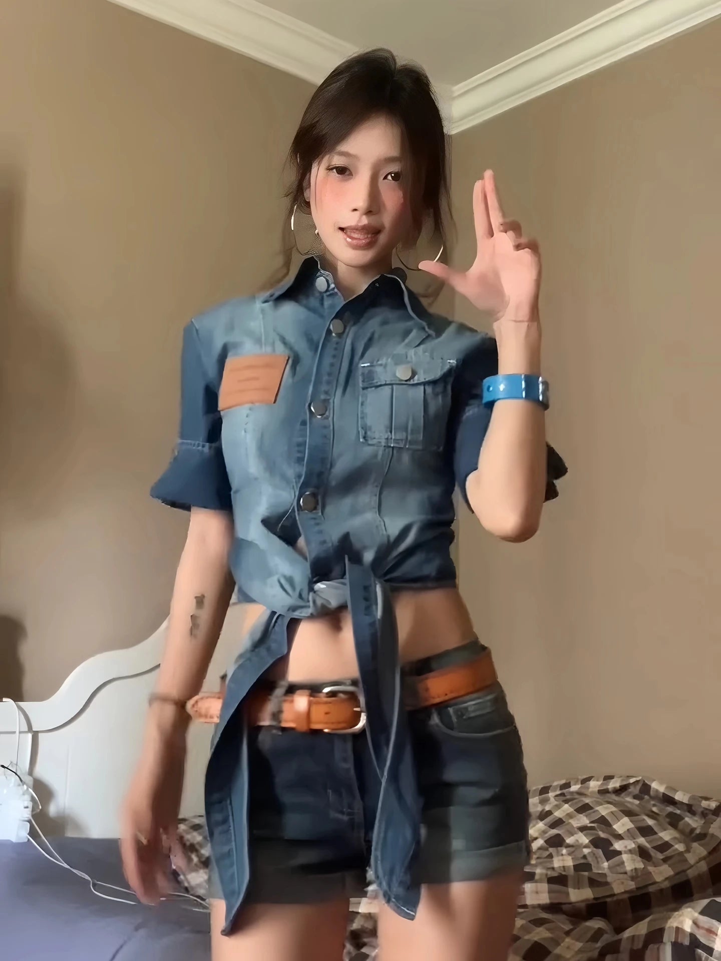 2000s Crop Denim Shirt Half Sleeve Blouse