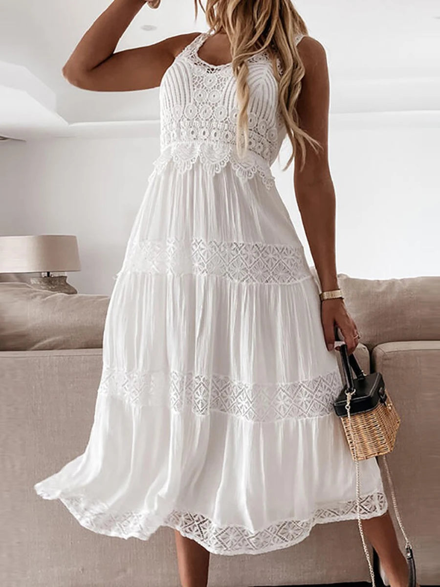 Women's Summer Beach White Boho Maxi Dress