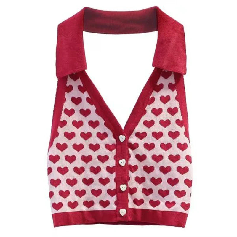Heart Print Y2K Halter Crop T-Shirt