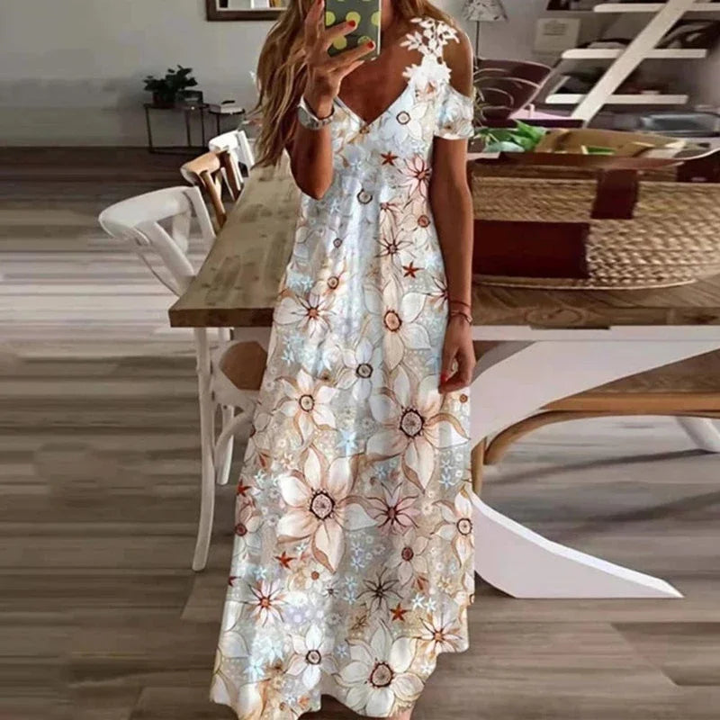 Women's Flower Print Boho White Maxi Dress