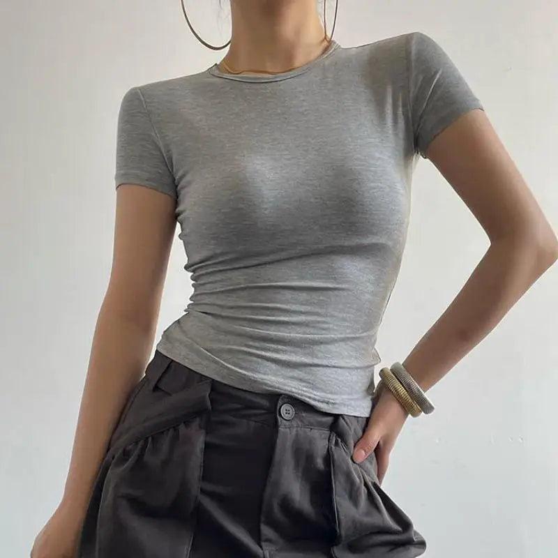 Solid Color Short Sleeve Slim Lace Up Back Crop Top