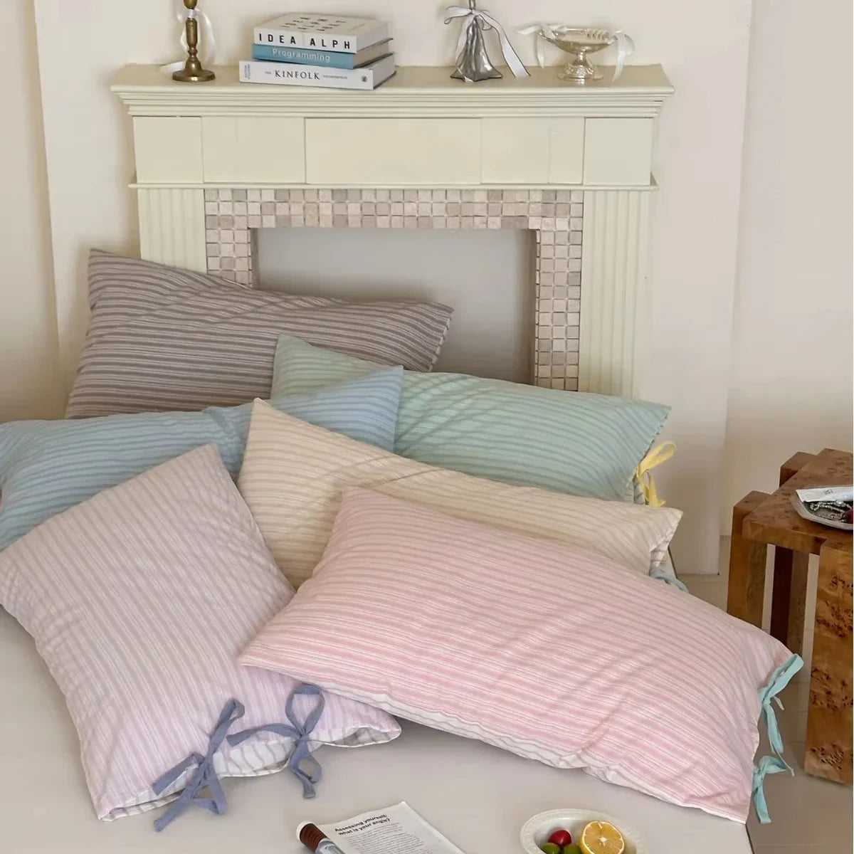 Double Sided Stripes Bow Cotton Pillow Case