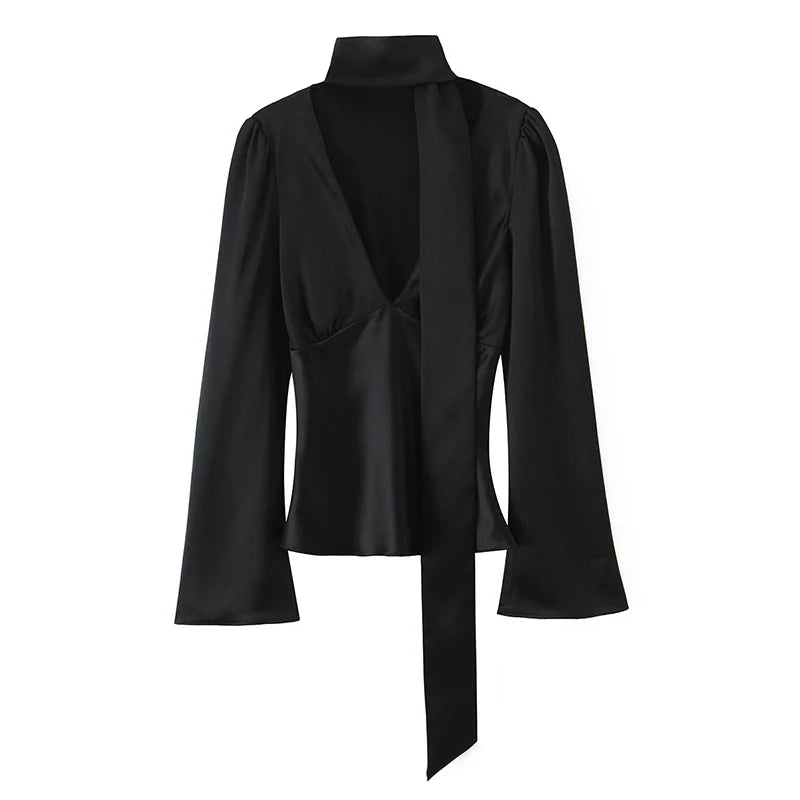 Long Sleeve V Neck With Scarf Satin Shirt