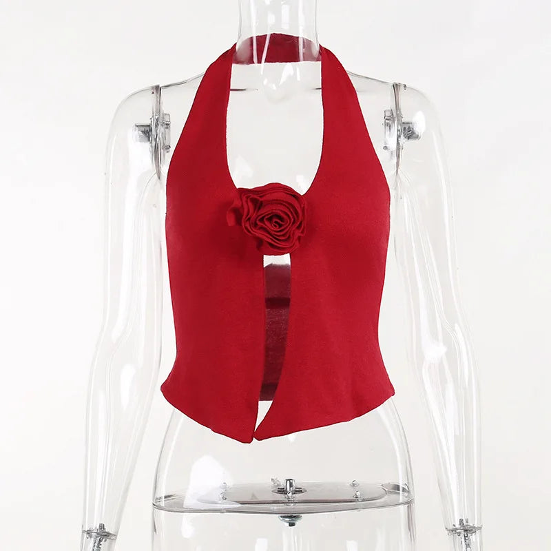 Red Floral Sleeveless V-Neck Tops