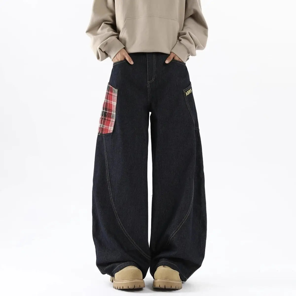 Patchwork Plaid Splicing Wide Leg Jeans