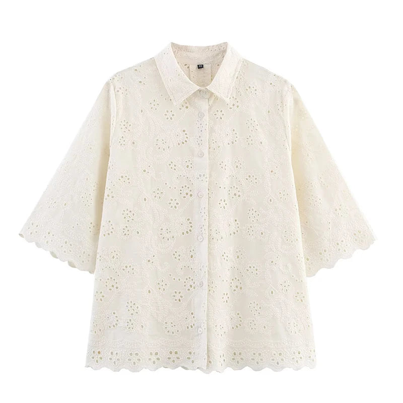 Fashion Hollow Out Embroidery Women Shirt