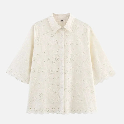 Fashion Hollow Out Embroidery Women Shirt