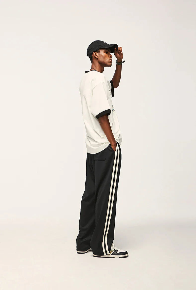 Elastic Waist Drawstring Stripped Straight Leg Pants