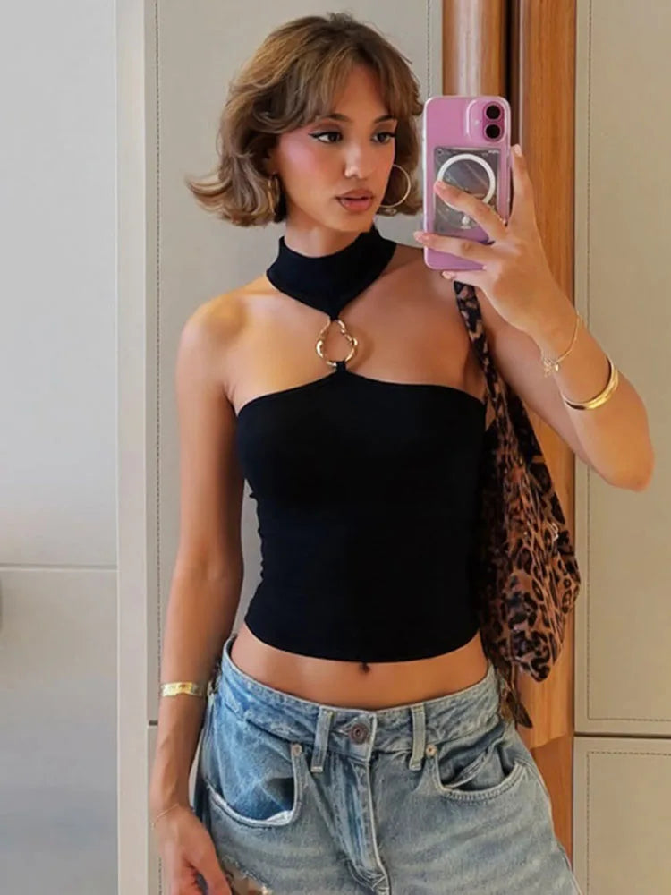 Metal Buckle Decoration White Tank Tops