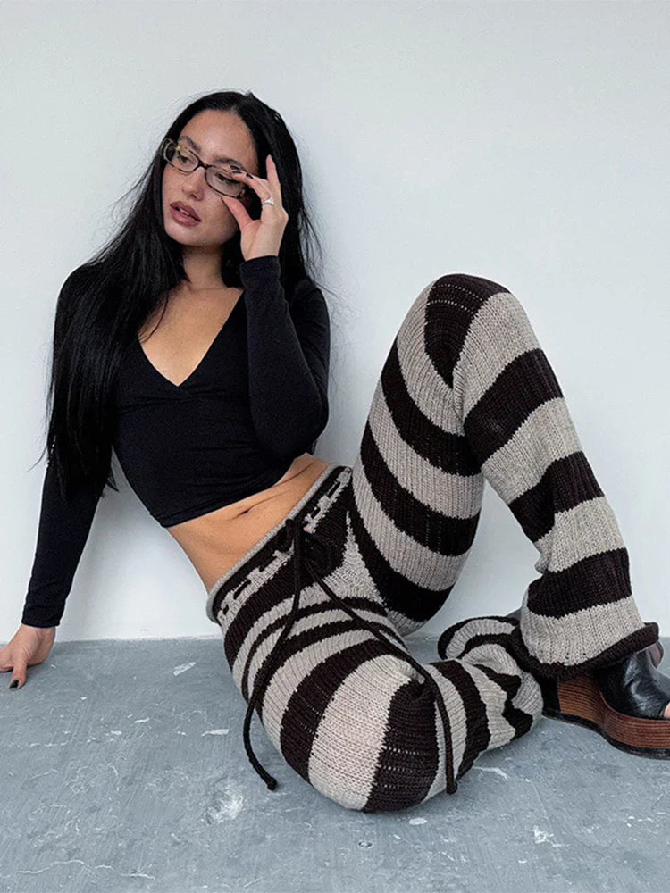 Elastic Striped Knitted Pants