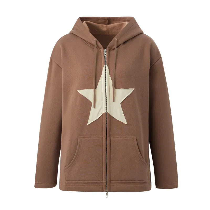 Retro Star Patch Zip-Up Hoodie