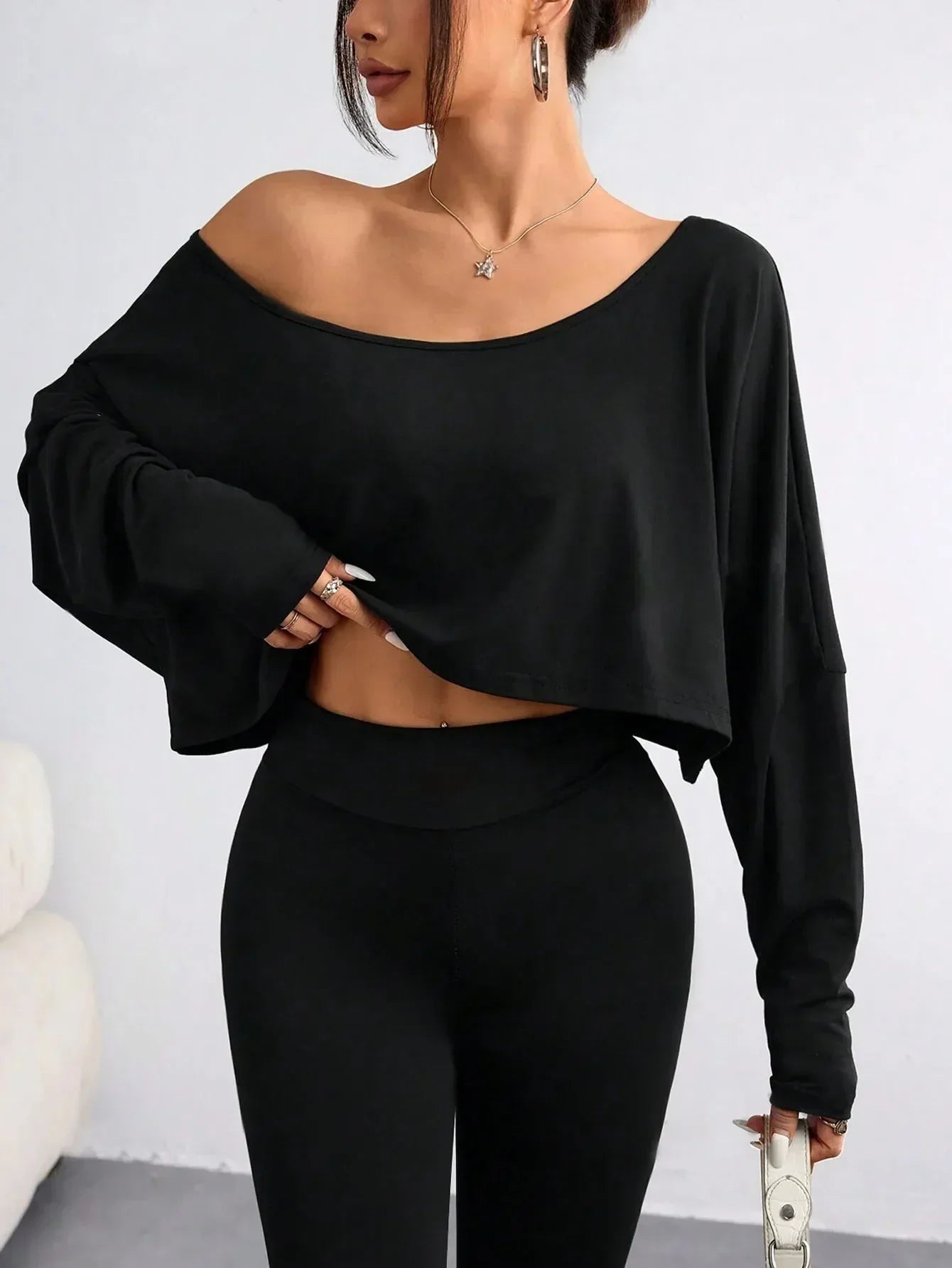 Casual Black Sexy Oblique Shoulder Long Crop Top